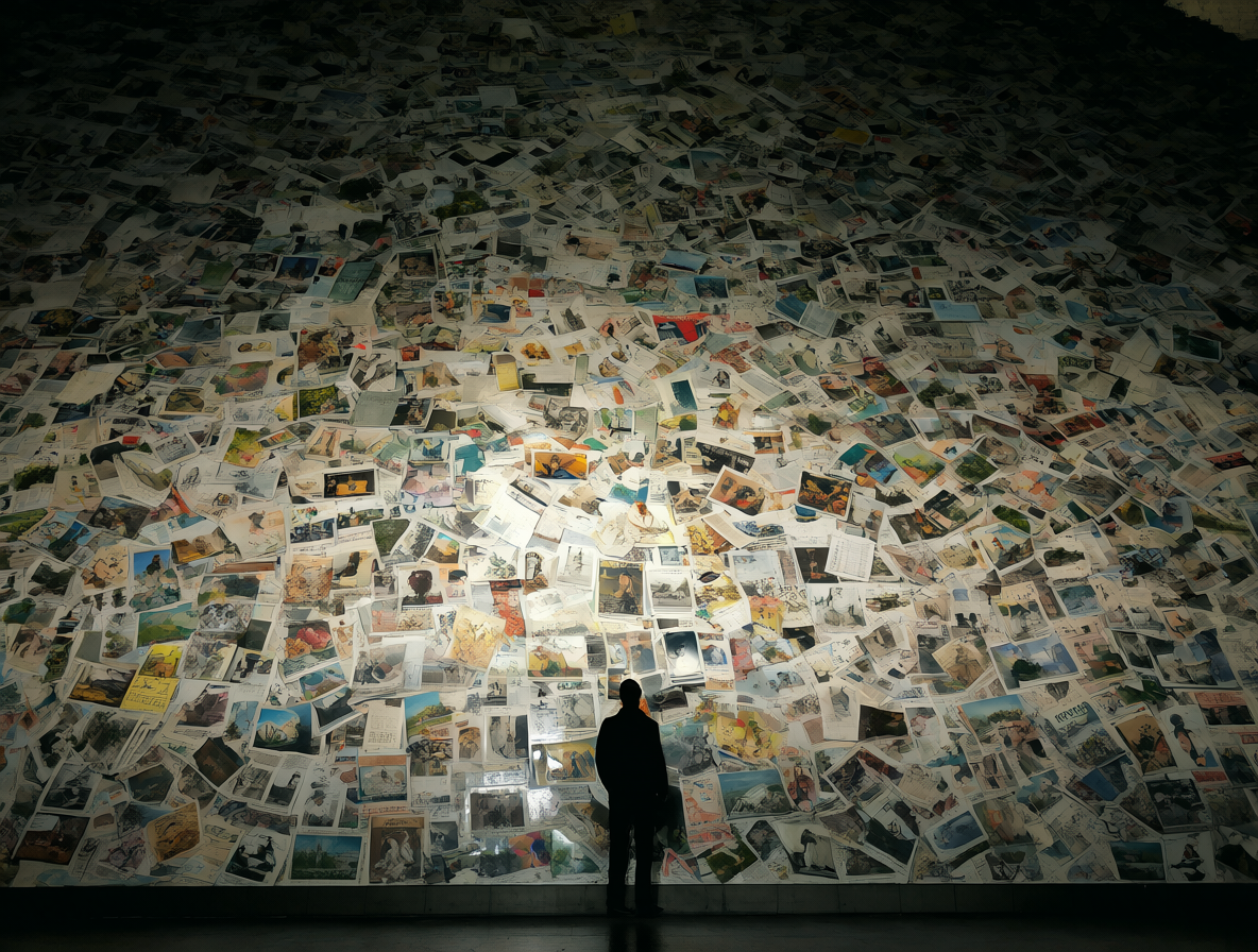 Silueta de un artista frente a una pared masiva de recortes de prensa y revistas.