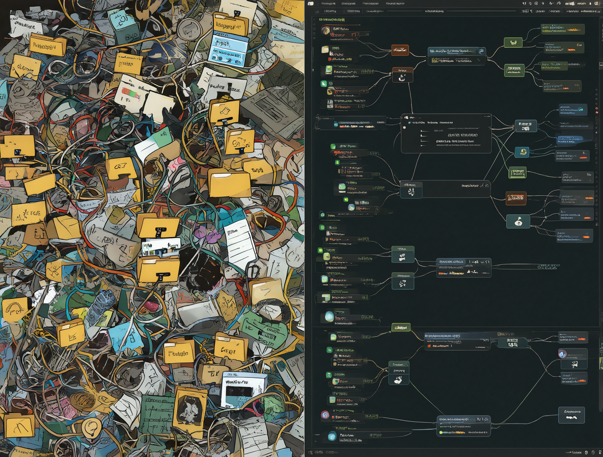 Comparación visual entre un entorno de IA desordenado y el espacio de trabajo limpio de ComfyUI.