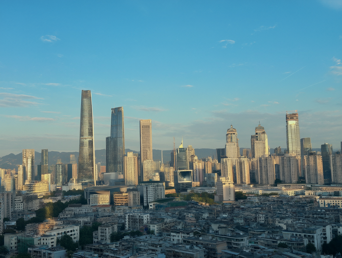 Vista panorámica de un horizonte urbano moderno bajo un cielo azul claro al atardecer.