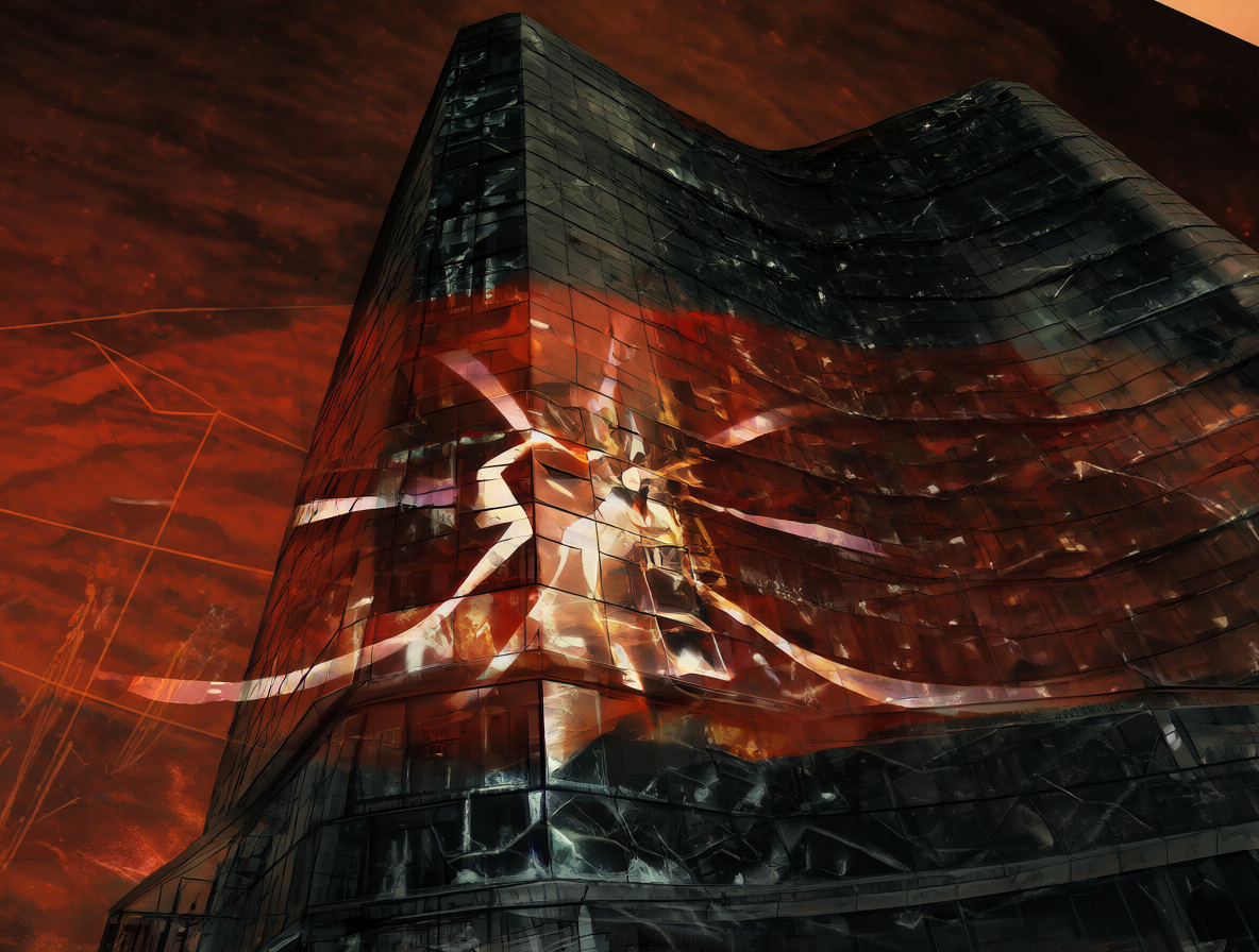 Un edificio corporativo con grietas en el cristal y luces rojas, representando la crisis pública.