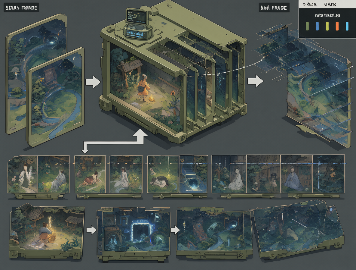 Technical illustration of an image-to-video workflow showing start and end frames being interpolated into a sequence.