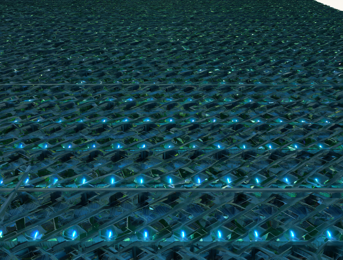 Un centro de datos gigante con filas de servidores iluminados