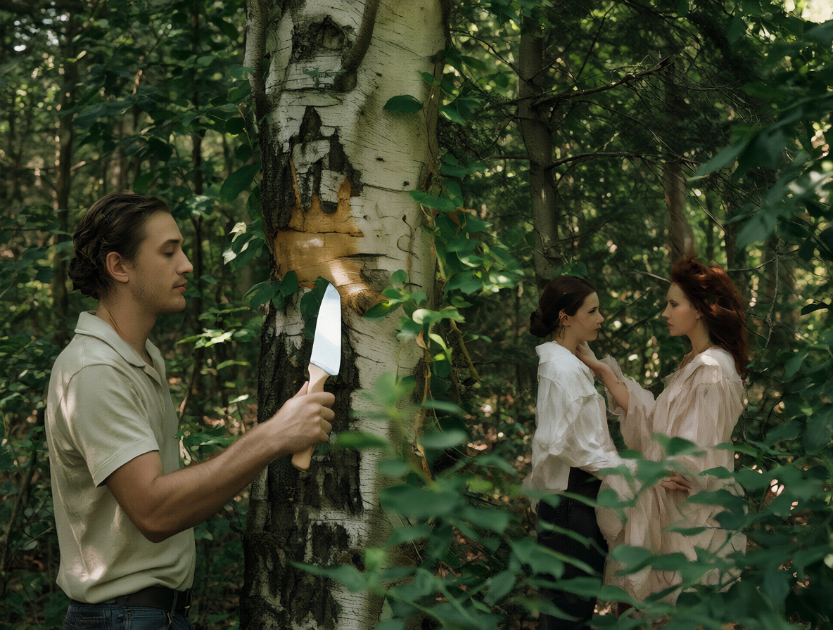 Una pareja en un bosque, una sosteniendo un cuchillo cerca de un tronco donde hay iniciales talladas.