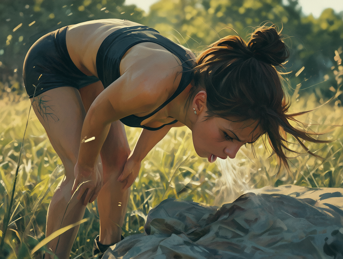 Frontal view of an adult woman bending sharply forward outdoors after sneezing.