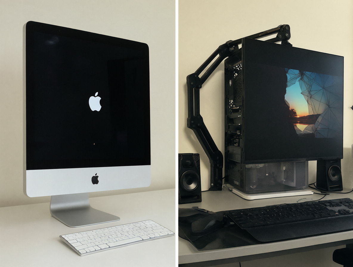 Imagen mostrando la diferencia de diseño entre una computadora todo-en-uno y una torre con monitor independiente