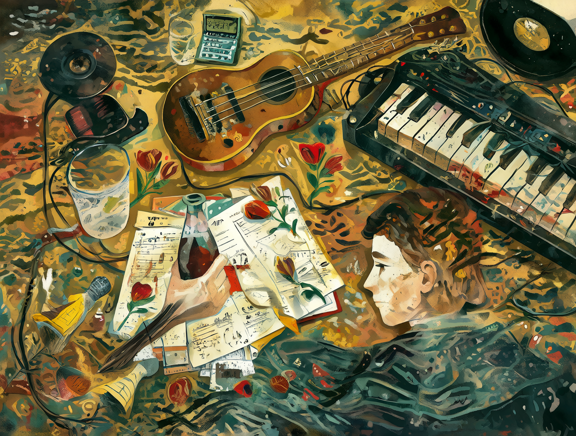 Persona traduciendo letras de canciones en un escritorio con instrumentos musicales
