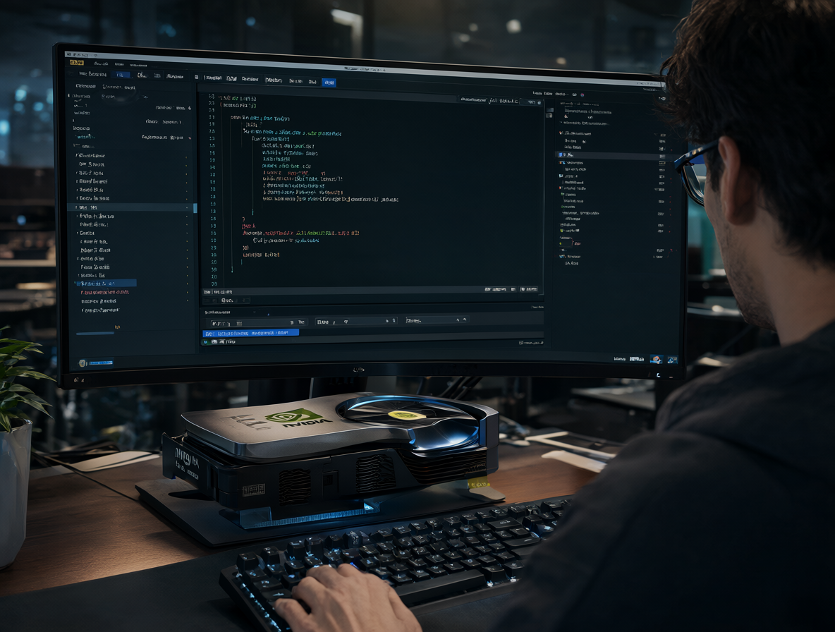 Ilustración de un entorno de desarrollo técnico para entrenar modelos de IA utilizando herramientas como Kohya GUI y scripts de Python.