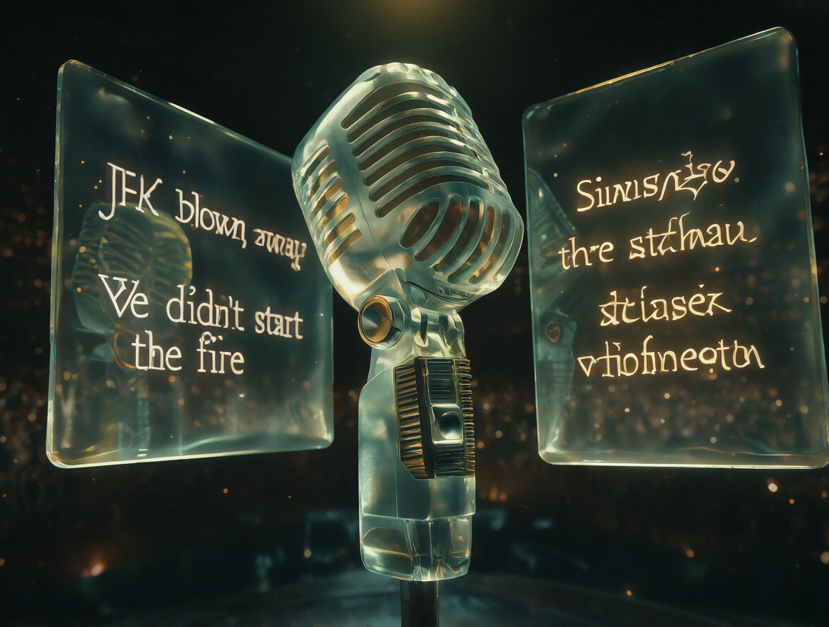 Two floating glass panels showing English lyrics and their Spanish translations next to a vintage microphone.