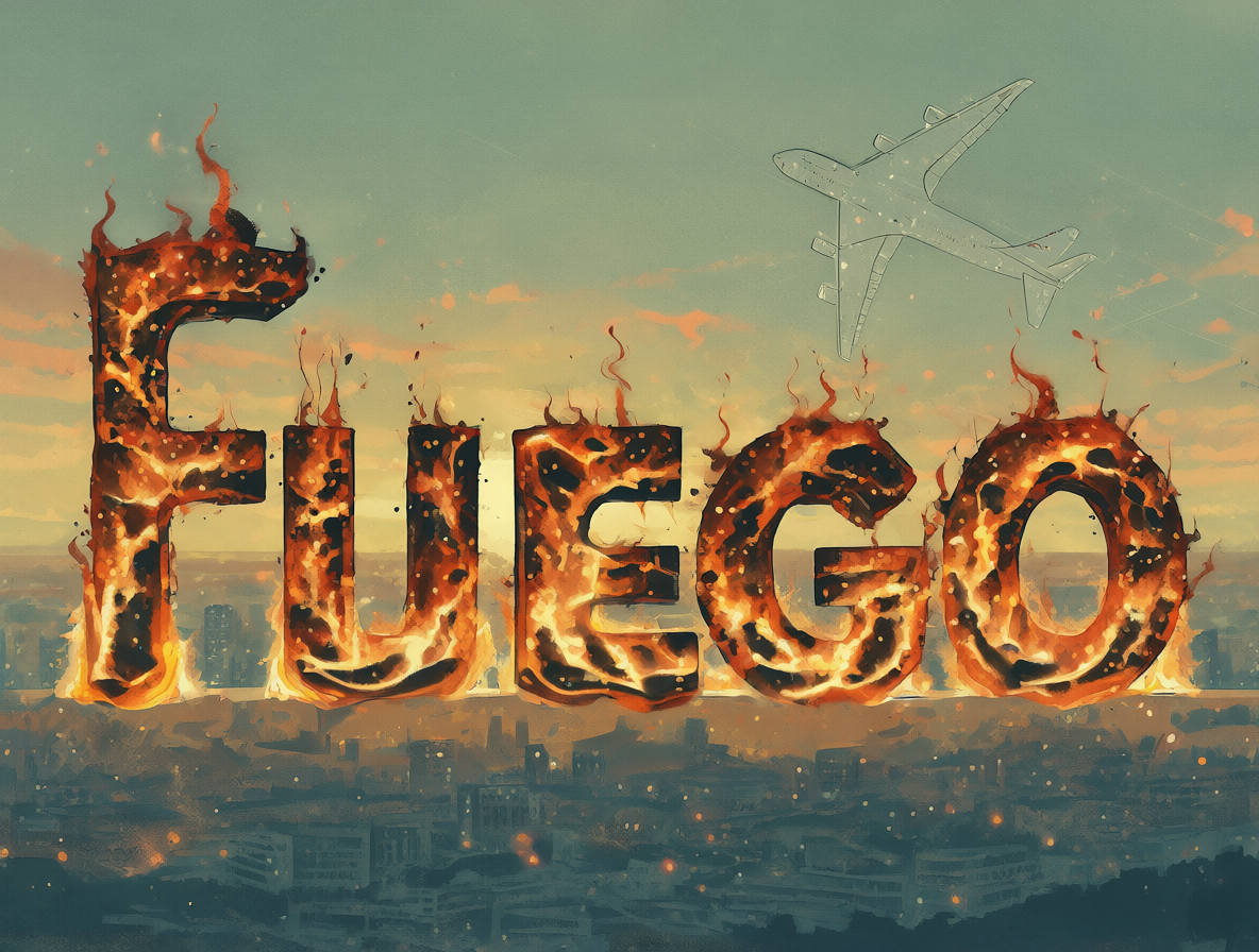 The word FUEGO written in burning text next to a silhouette of an airplane over a city.
