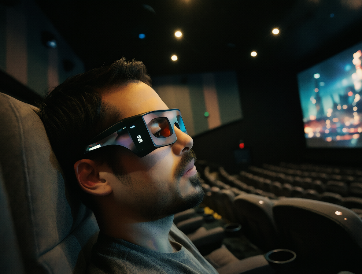 Persona en el cine usando gafas de vista y gafas 3D