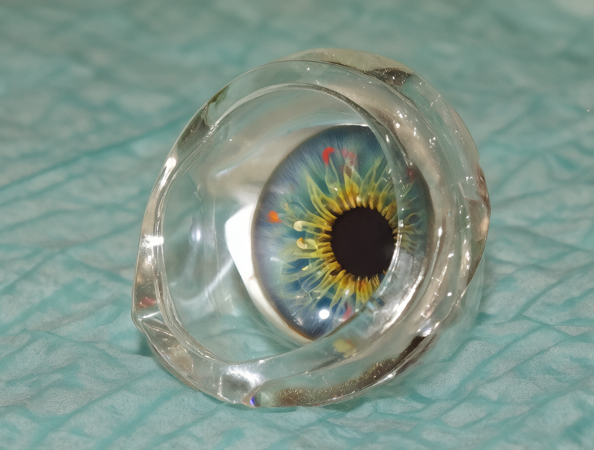 Prótesis ocular removible de acrílico o vidrio, con iris y pupila realistas, mostrando la parte externa que se puede sacar fácilmente del socket.