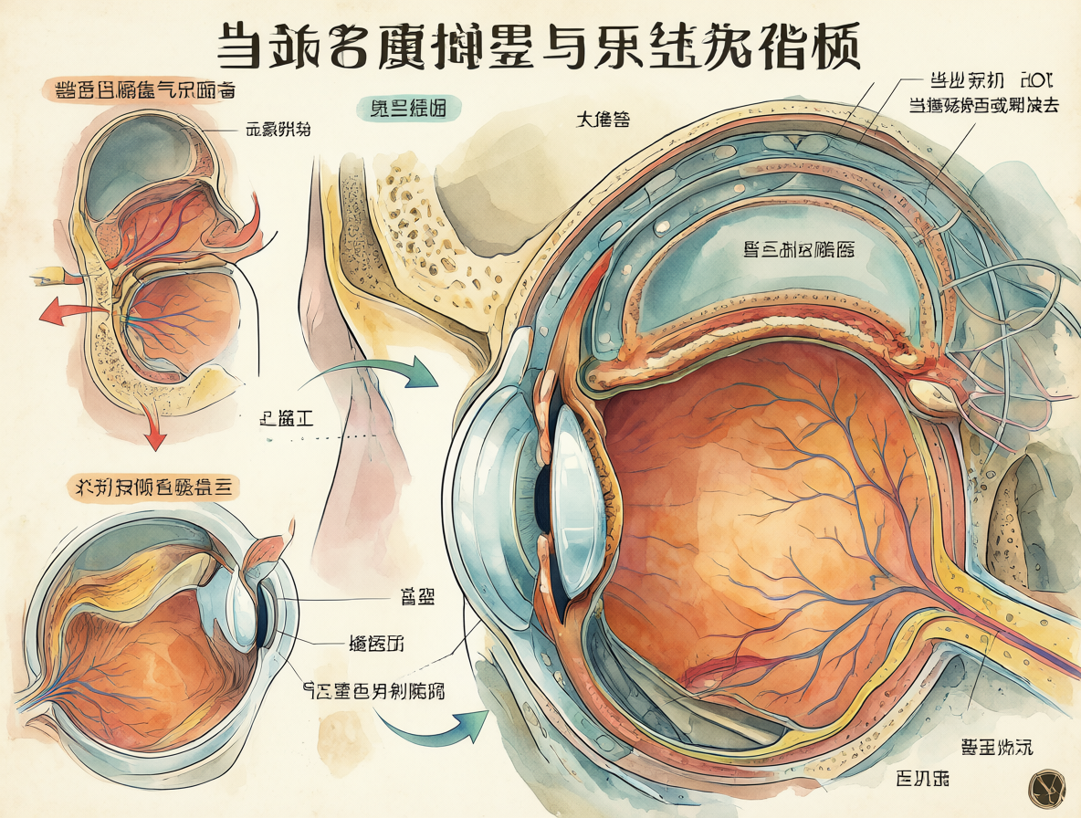 Diagrama anatómico que muestra un implante interno ocular integrado con los músculos de la órbita, contrastando con la parte externa visible.