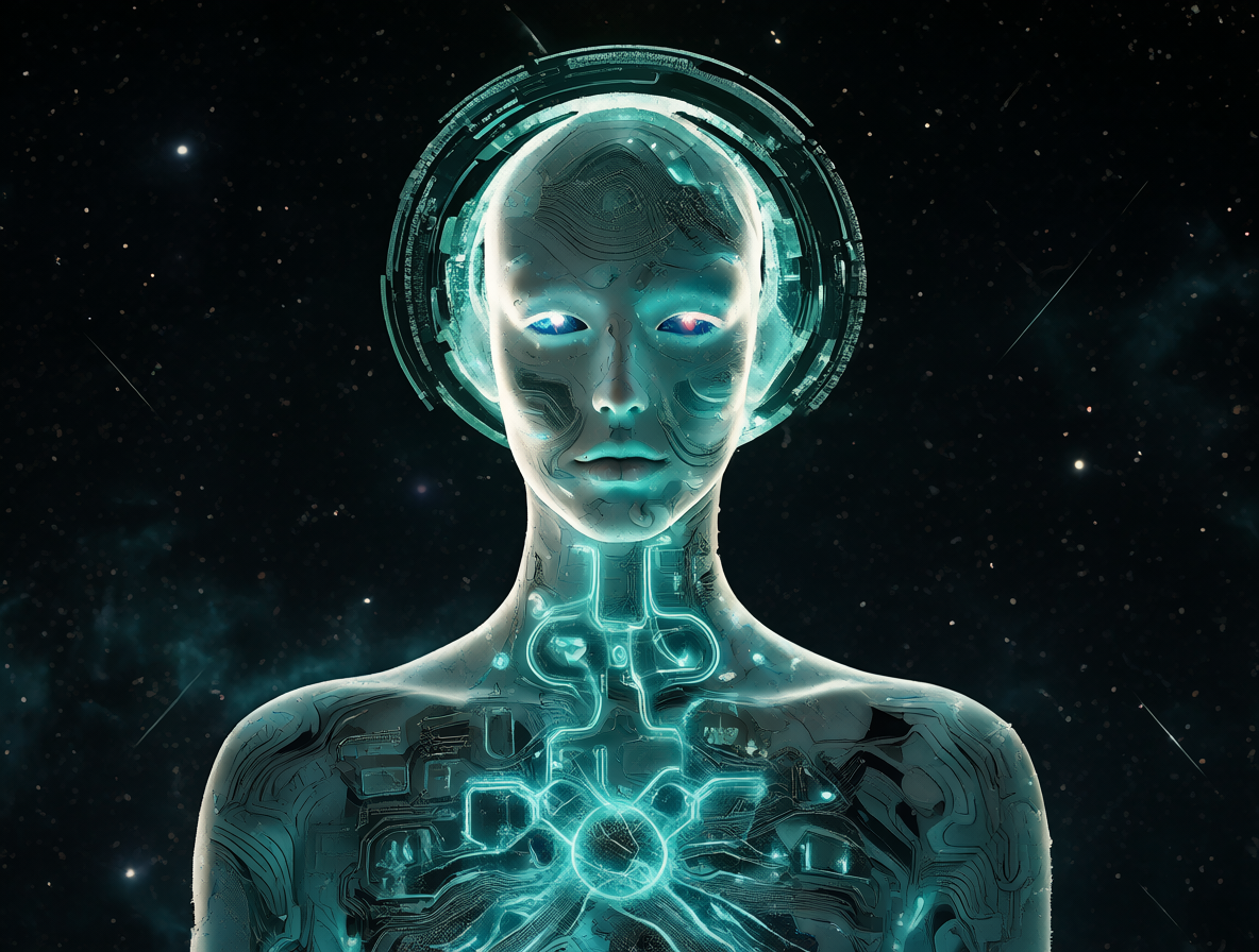 Retrato futurista de un modelo de inteligencia artificial con luces de circuito.