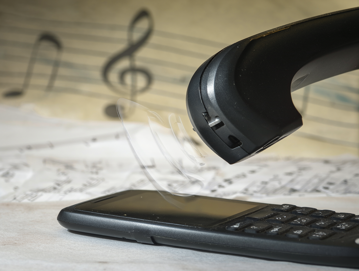 Teléfono móvil flotando sobre una mesa con notas musicales al fondo