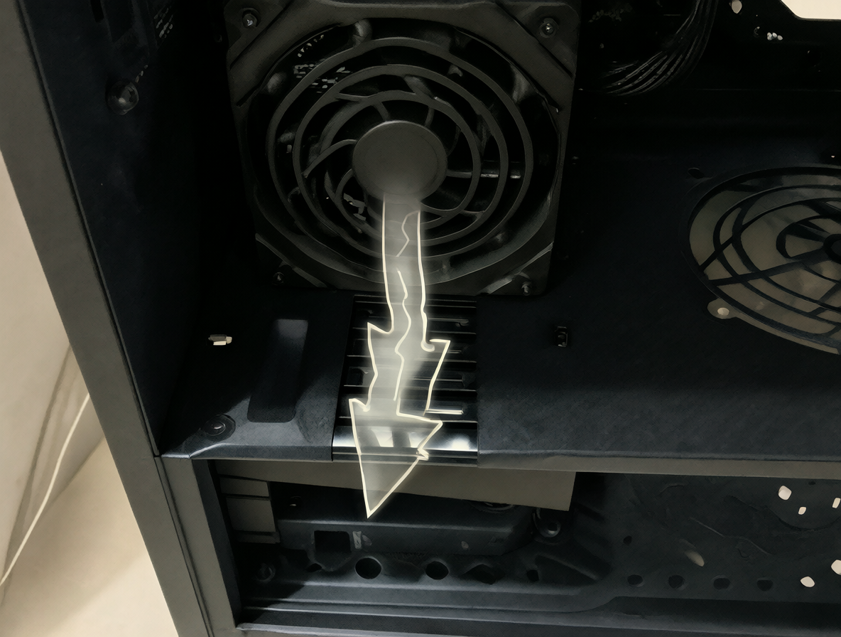 Sección inferior de un gabinete PC mostrando una fuente de poder con flechas indicando el flujo de aire descendente.