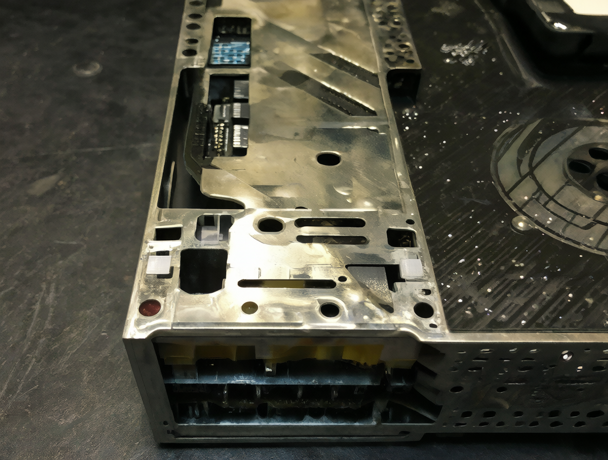 Foto detallada de una placa base ASUS mostrando el blindaje trasero y el conector de energía limpios.