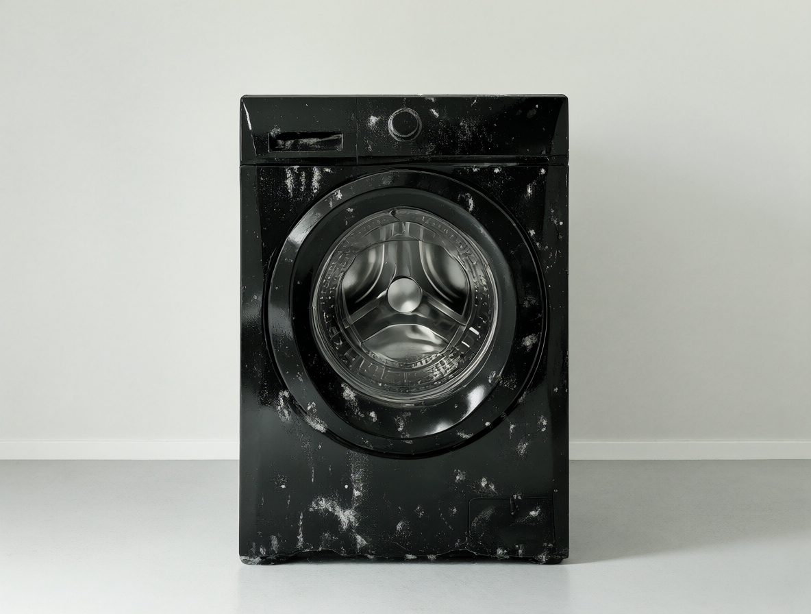 Una lavadora moderna y brillante de color negro sobre el suelo