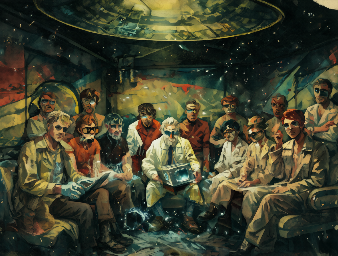 Personajes de ciencia ficción rodeados de tecnología limitada.