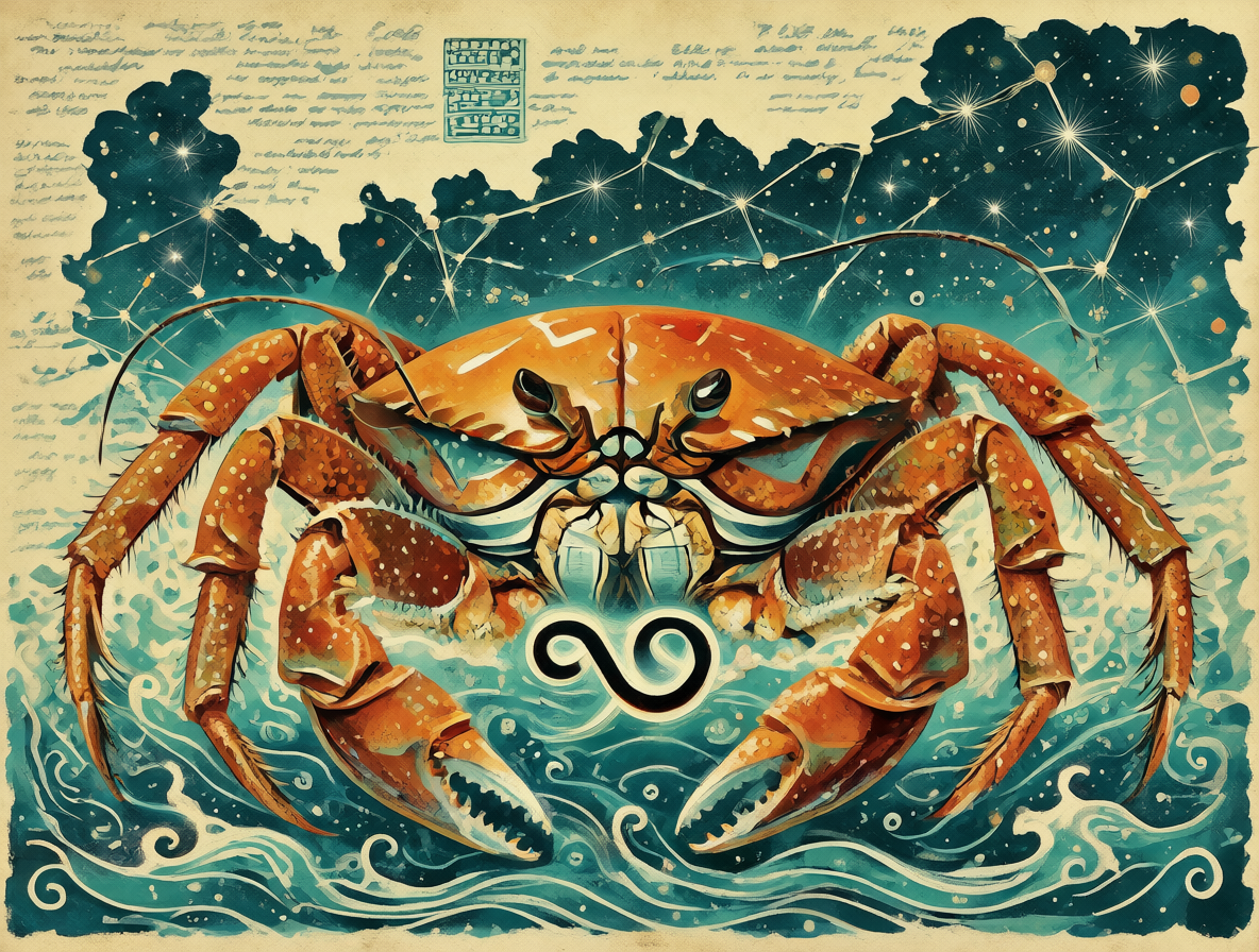 Ilustración del signo astrológico de Cáncer como cangrejo con el símbolo zodiacal.