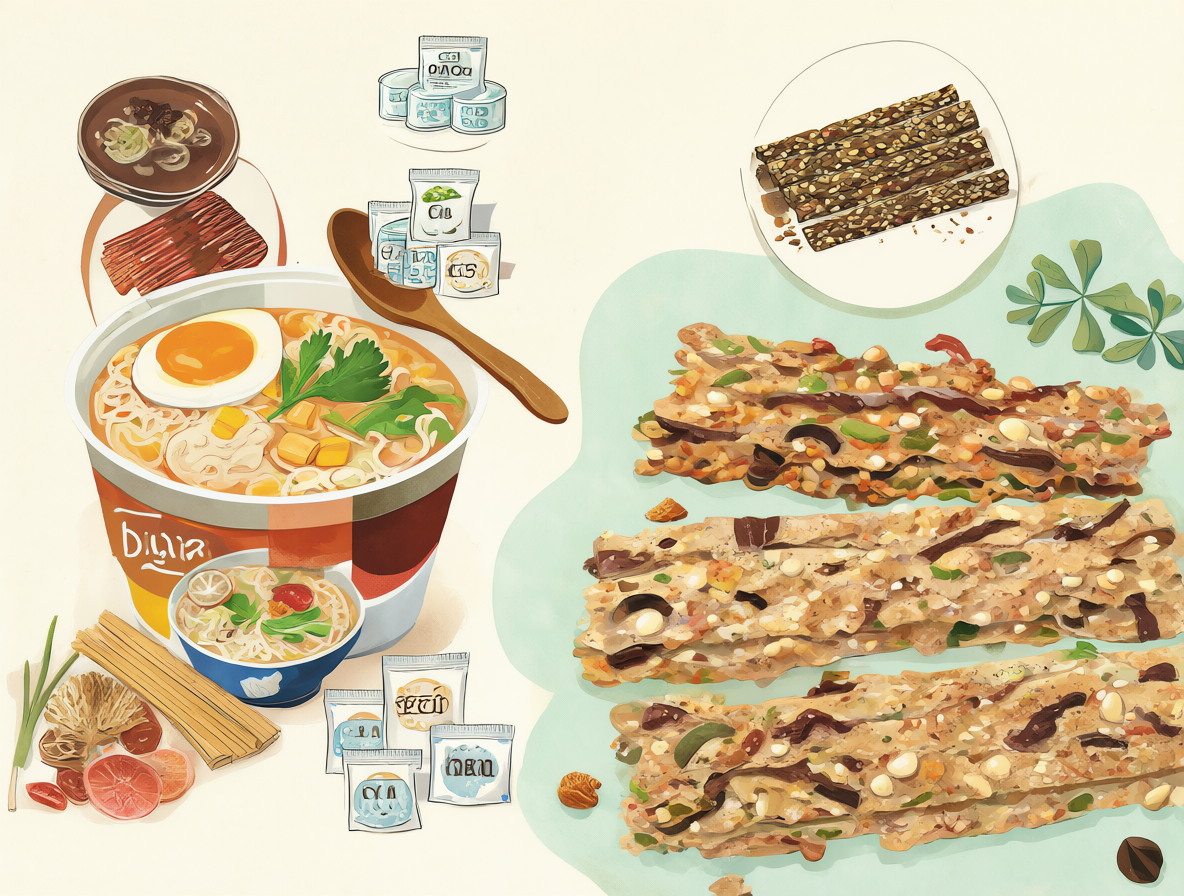 Infografía mostrando una comparación nutricional entre ramen instantáneo y barras de proteína.