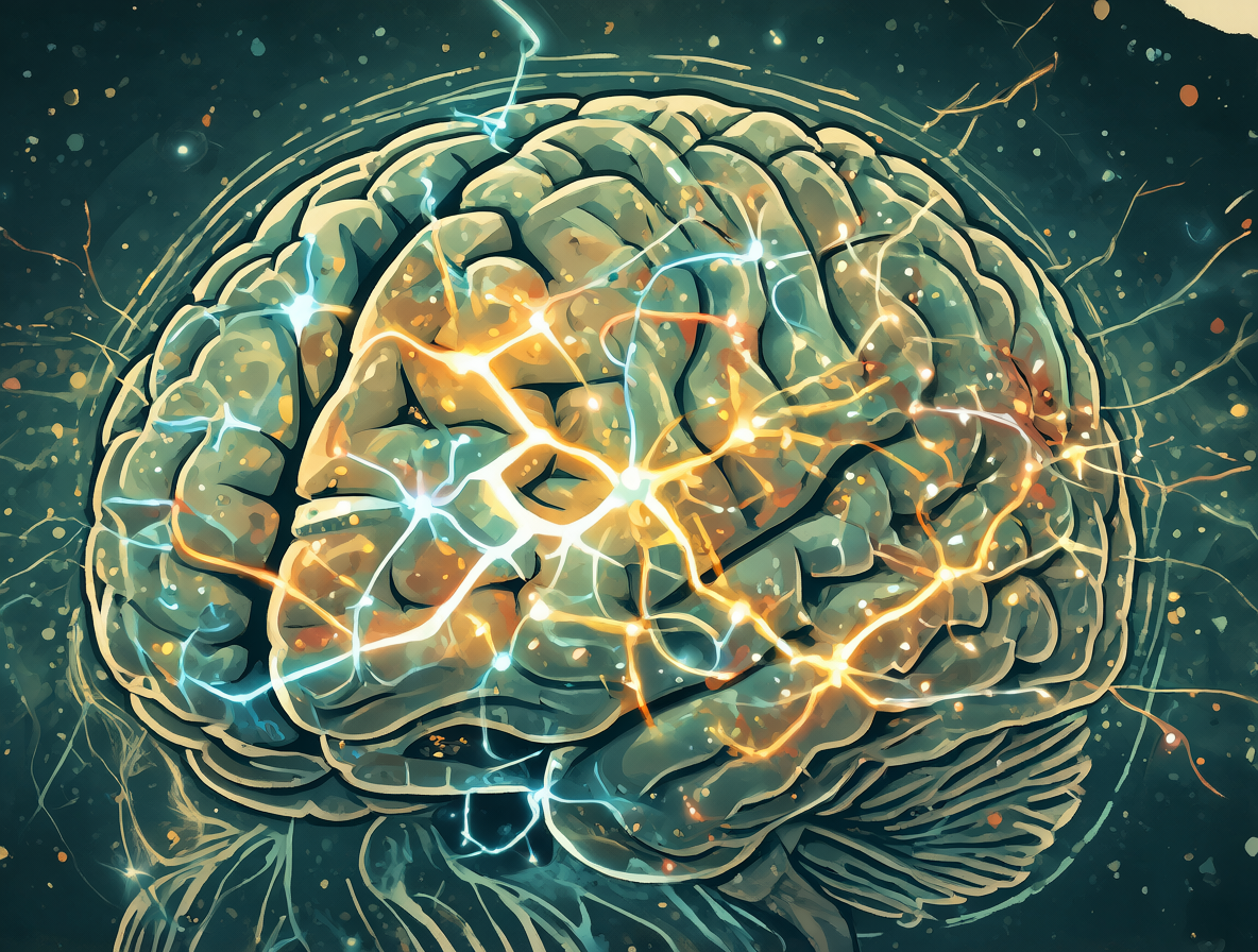Representación artística de un cerebro humano con señales neuronales activas y energía brillante concentrada en el centro.