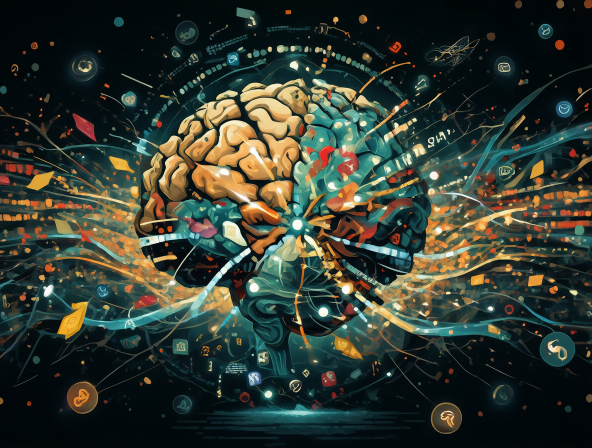 Un cerebro humano rodeado de flujos de datos, algoritmos y propaganda digital representando la crisis de la realidad compartida.