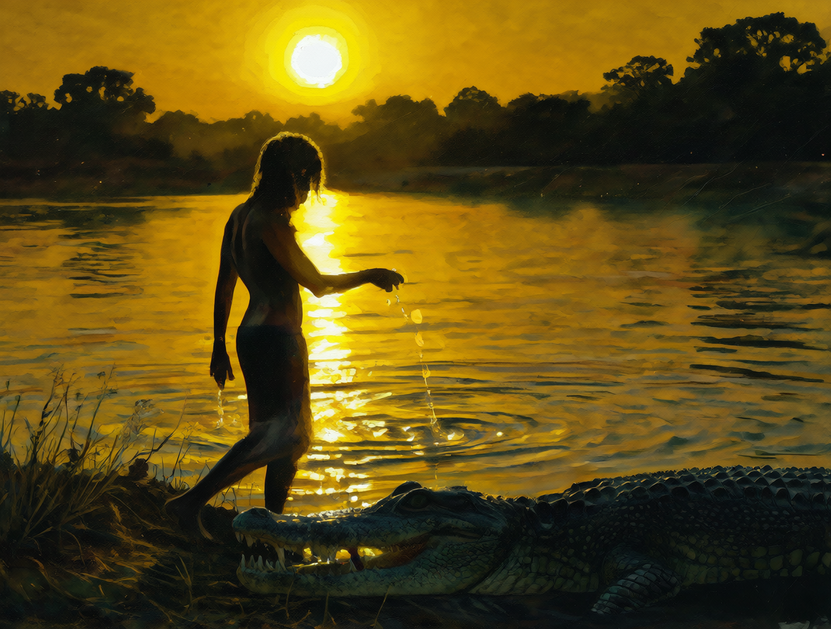 Persona sudando bajo el sol con una figura de cocodrilo al fondo.