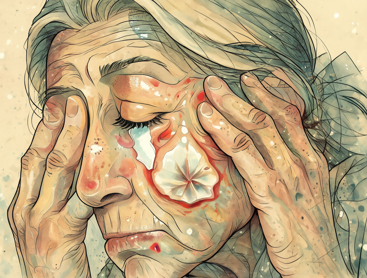 Vista cercana de una lesión en el rostro de una persona mayor.