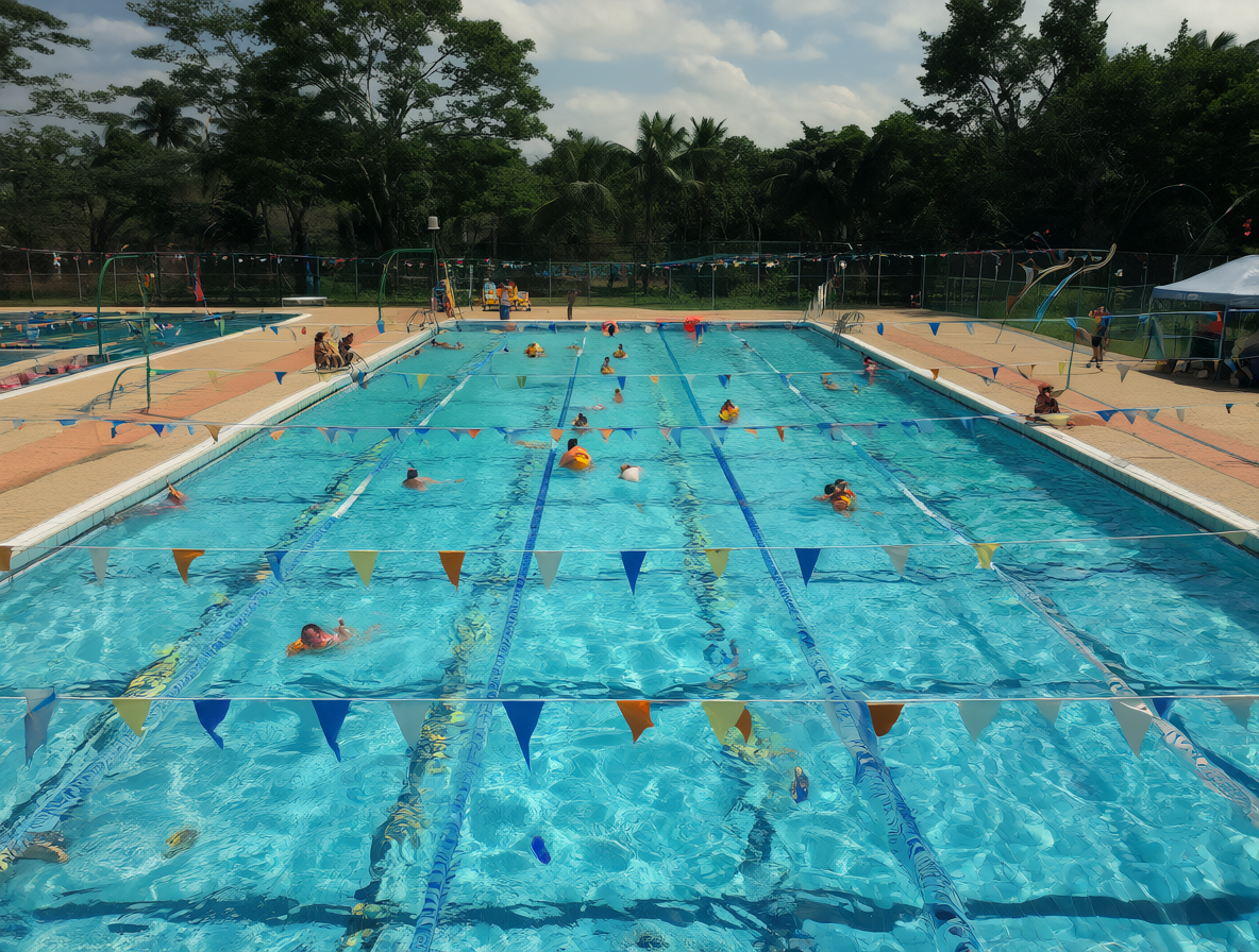 Vista general de una piscina con varios nadadores usando traje de baño adecuado