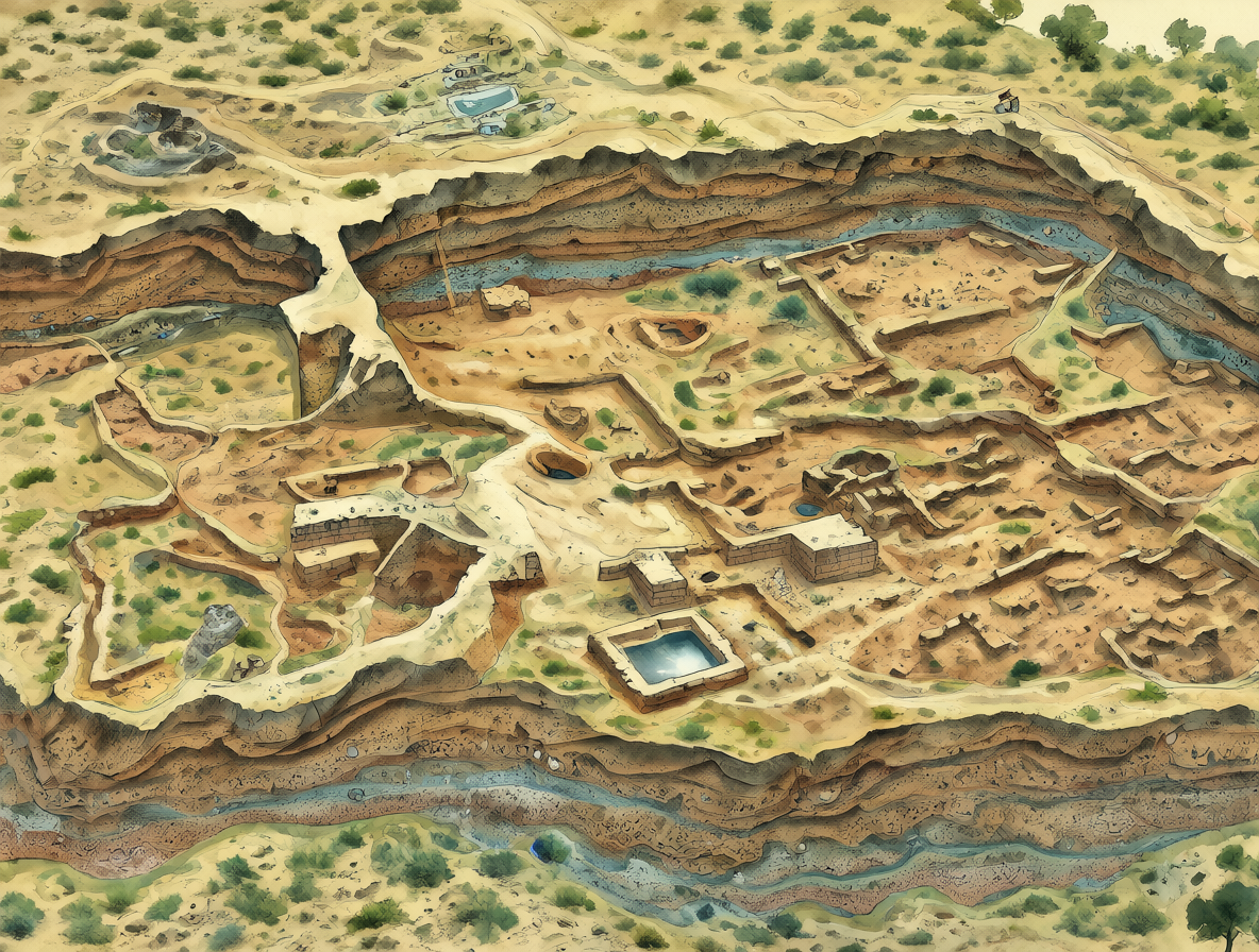 Ilustración detallada de un sitio arqueológico en el antiguo Israel