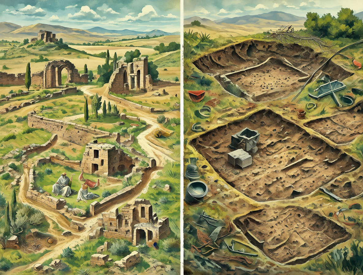 Ilustración dividida mostrando ruinas y artefactos históricos