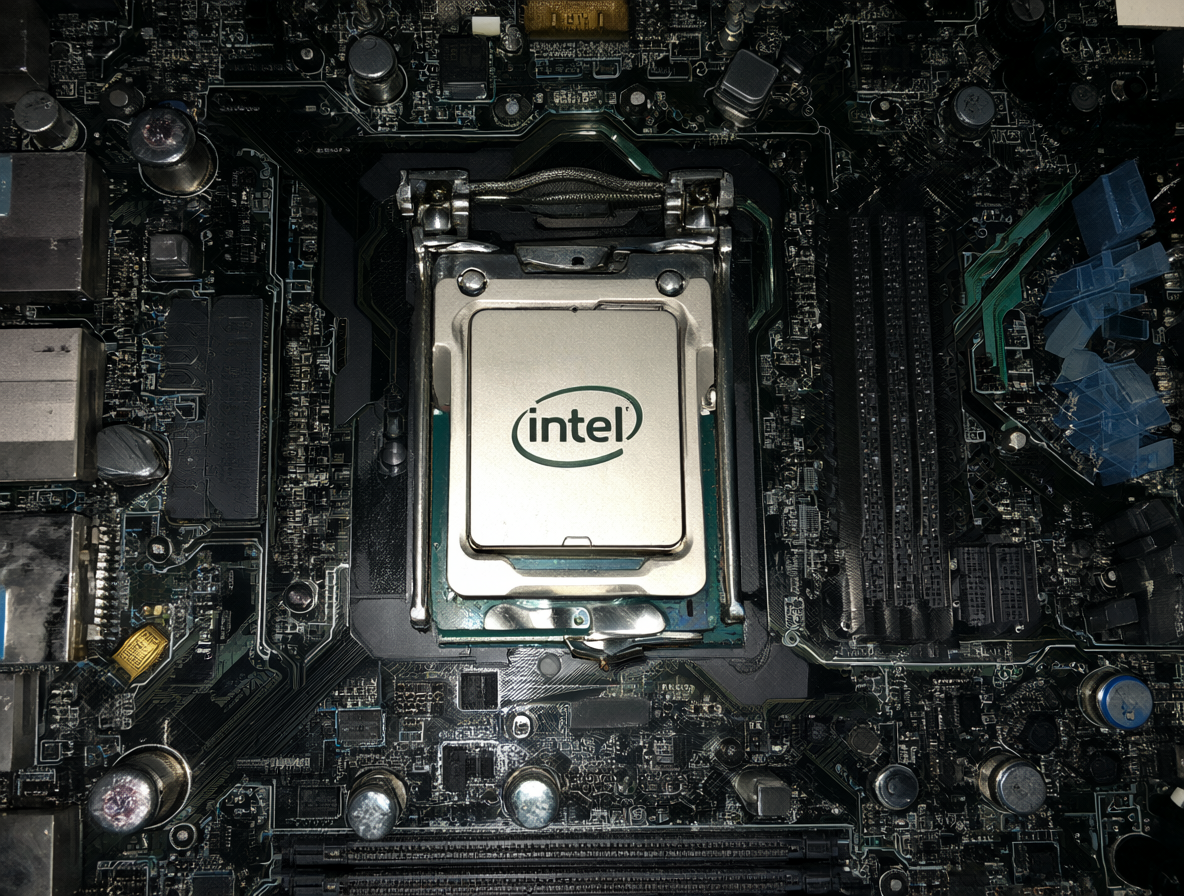 Tarjeta madre ASUS B85M-E/CSM con un procesador Intel Core i7-4790 instalado, mostrando una pantalla negra durante la fase de prueba inicial sin video.
