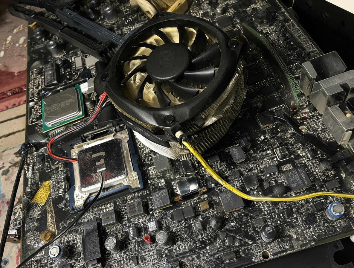 Montaje completo de hardware para actualizar BIOS, mostrando una tarjeta madre, un procesador con un cooler montado, pasta térmica aplicada y un ventilador conectado al CPU_FAN.