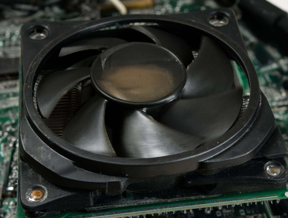 Vista detallada de un ventilador de refrigeración para CPU girando rápidamente sobre un procesador con una capa uniforme de pasta térmica aplicada correctamente.