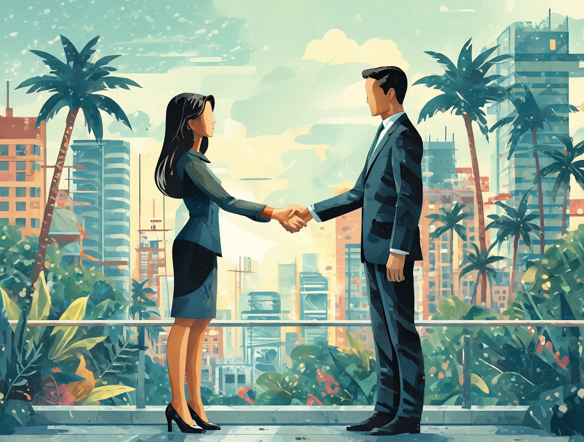 Ilustración conceptual de un contrato de alquiler de novia en una ciudad moderna