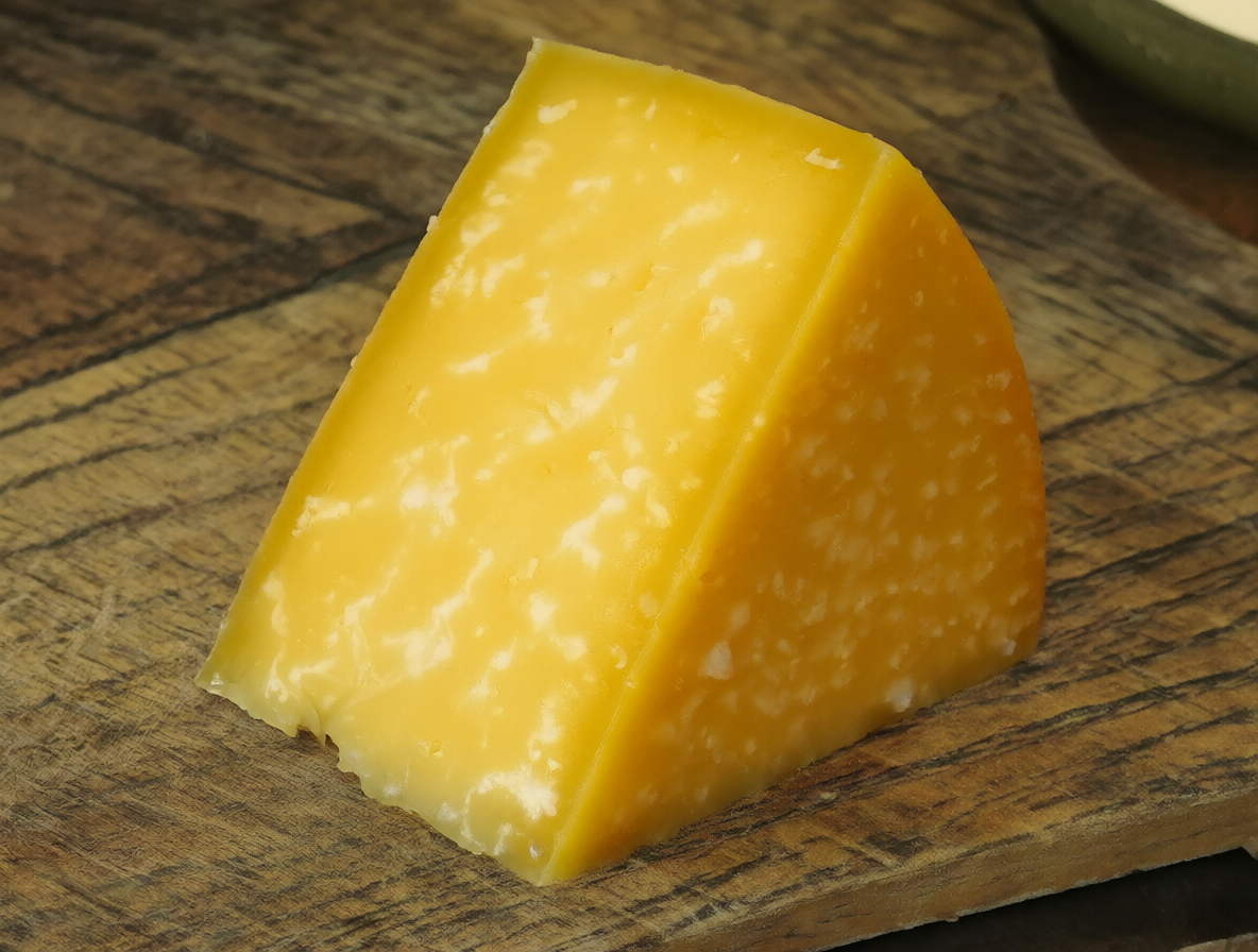 A block of yellow cheddar cheese ready for consumption