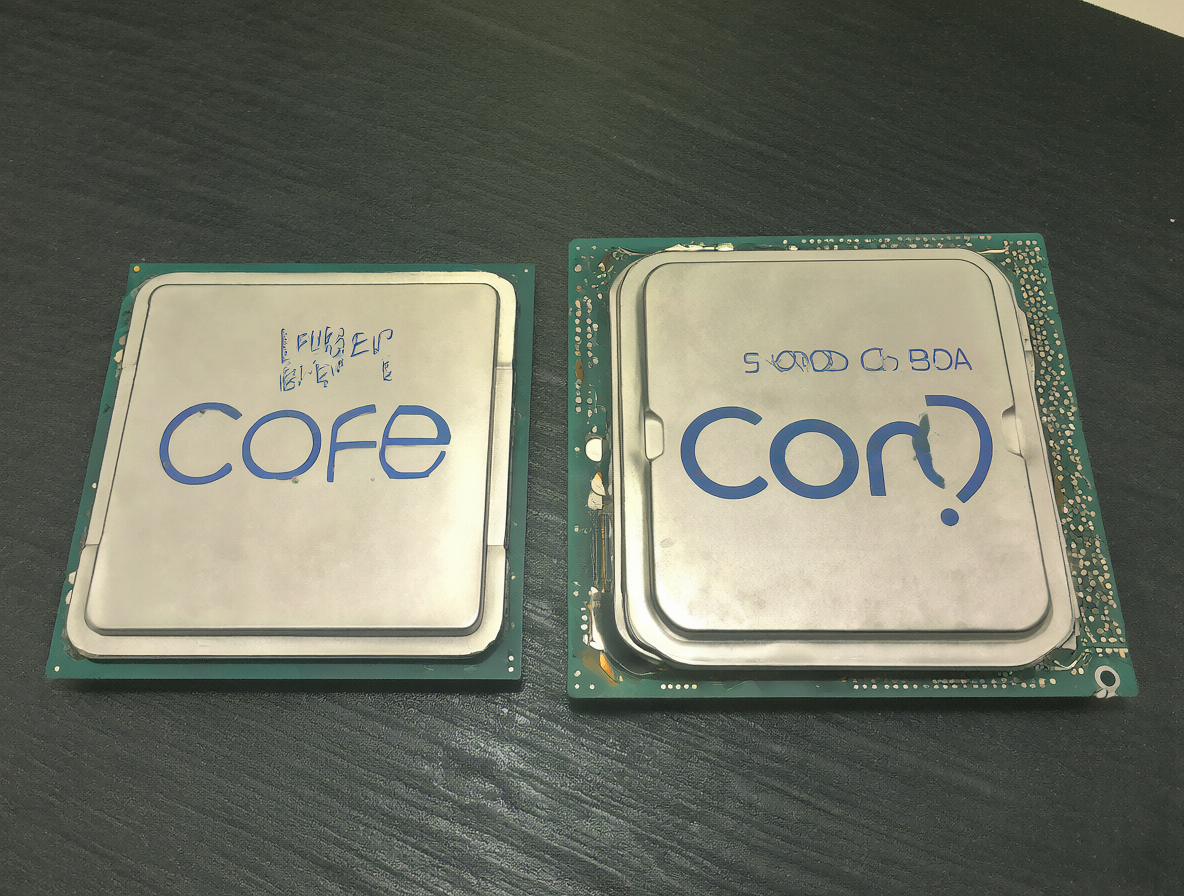 Dos procesadores Intel Core, el i5-12600K y el i7-4790, colocados uno al lado del otro en una superficie neutra para su comparación.