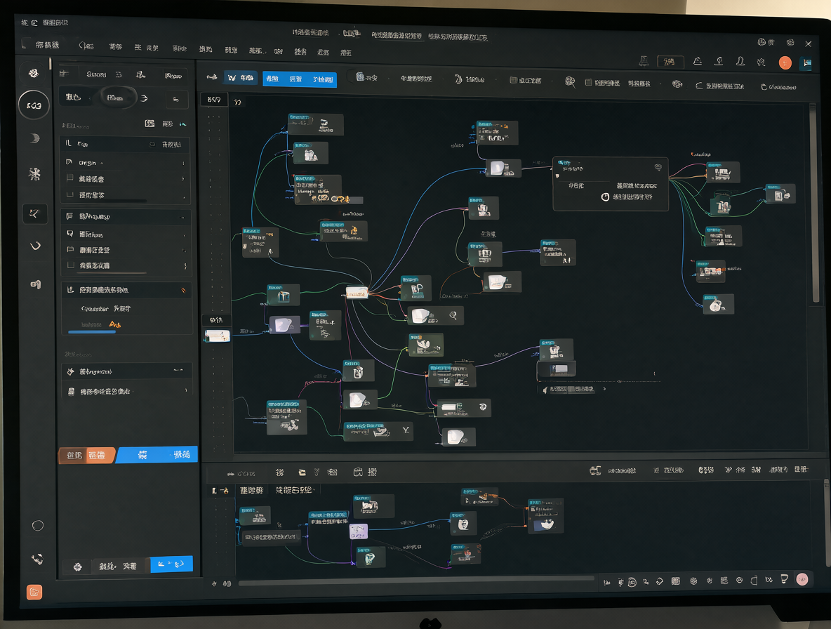 Ilustración de la interfaz de ComfyUI mostrando el editor de nodos y los ajustes.