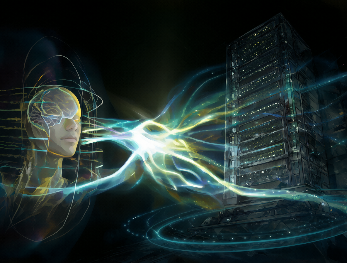 Ilustración de un proceso científico futurista mostrando la conexión entre una cabeza humana y servidores mediante una luz brillante
