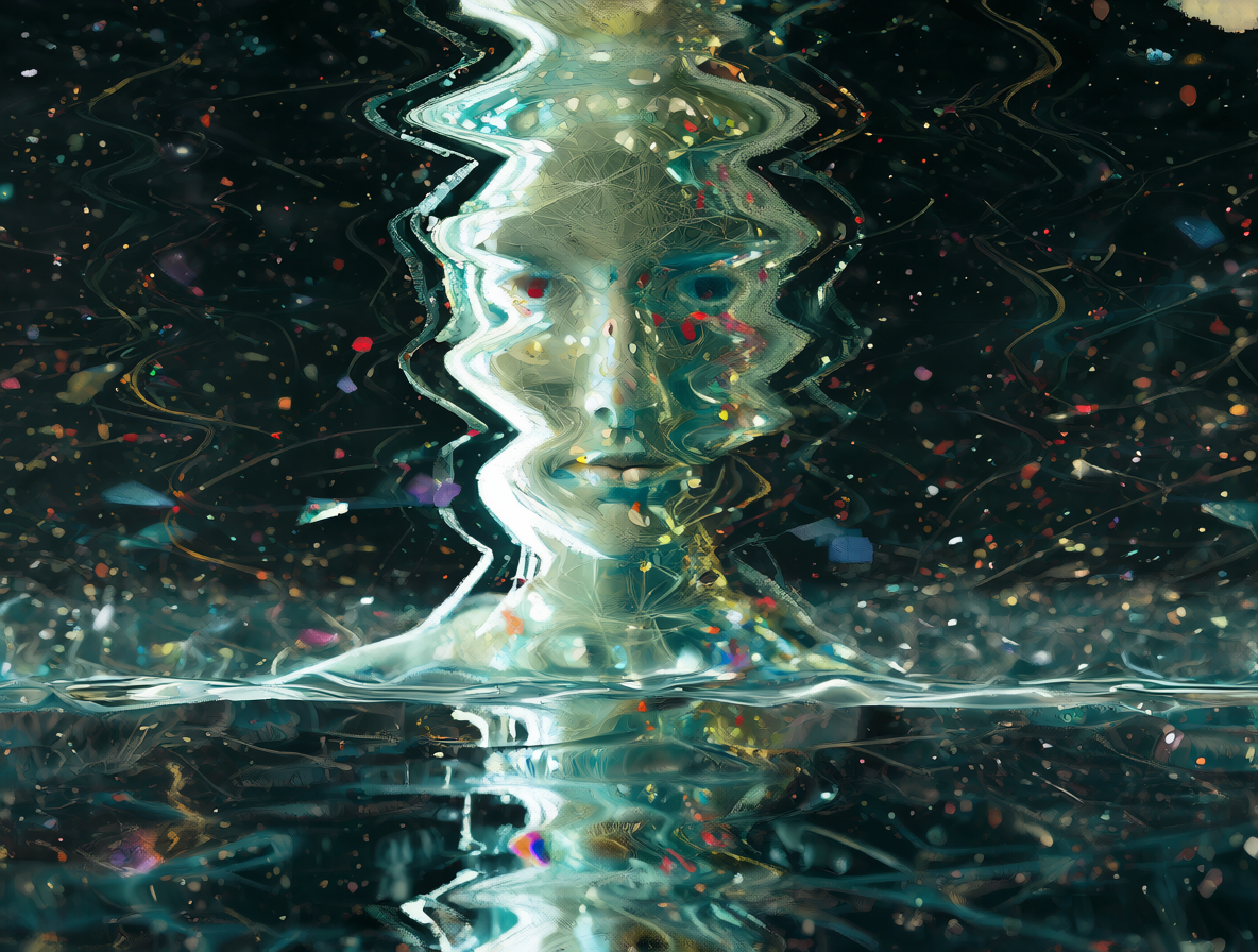Modelo abstracto de IA reflejándose en una superficie brillante con distorsiones visuales