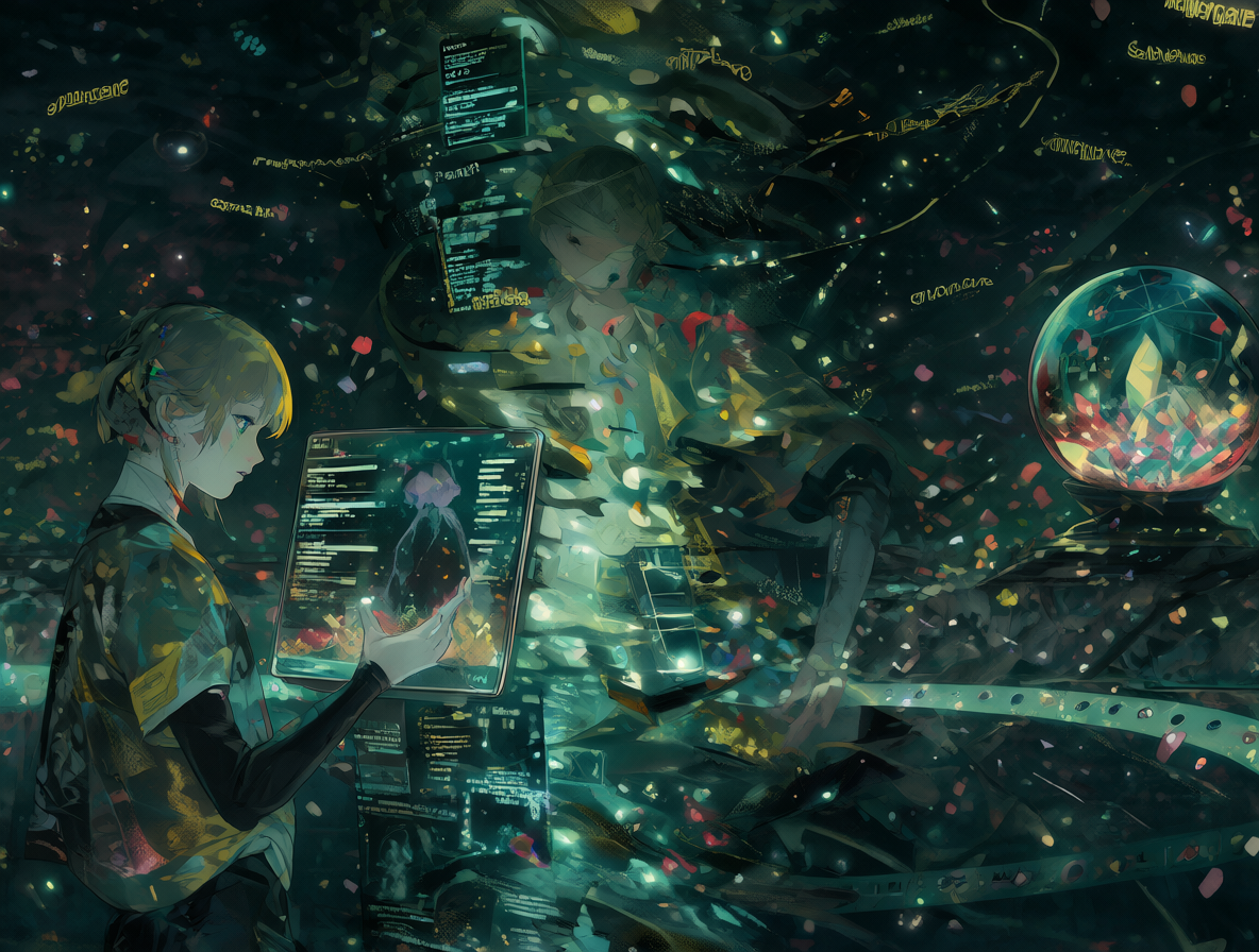 Una escena futurista con un personaje analizando letras en una pantalla holográfica rodeada de fragmentos de texto flotantes como Watergate y sabotaje, con una bola de cristal brillante al fondo.