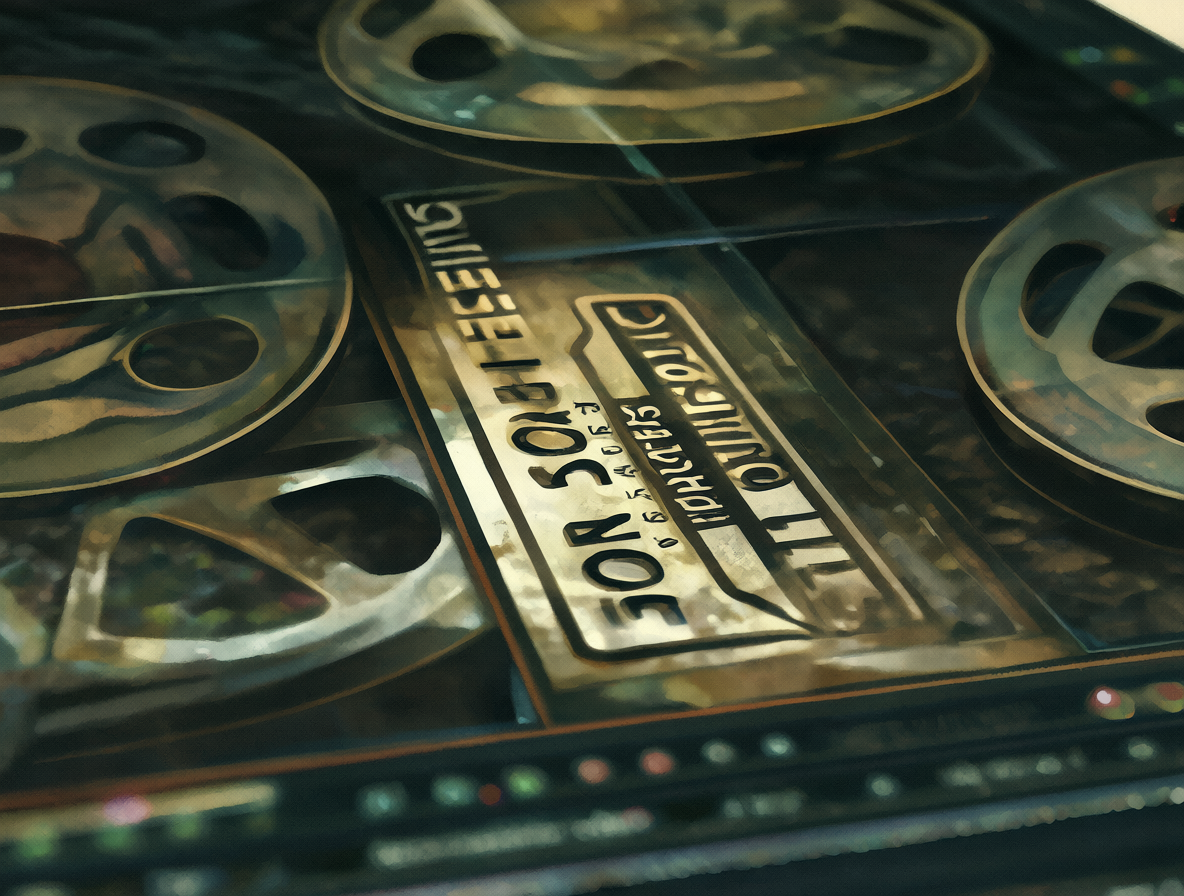 Ilustración detallada de una etiqueta de producción que dice 'FOR SCREENING PURPOSES ONLY' sobre un fondo borroso de carretes de película y software de edición.