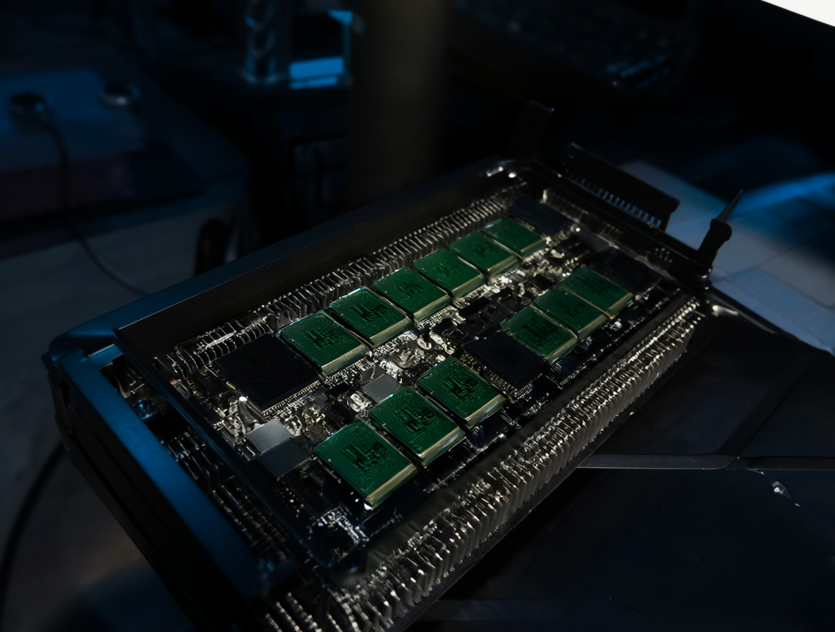 Una tarjeta gráfica NVIDIA GeForce RTX 3090 con sus chips de VRAM verdes visibles, iluminada por luz azul en un estudio oscuro.