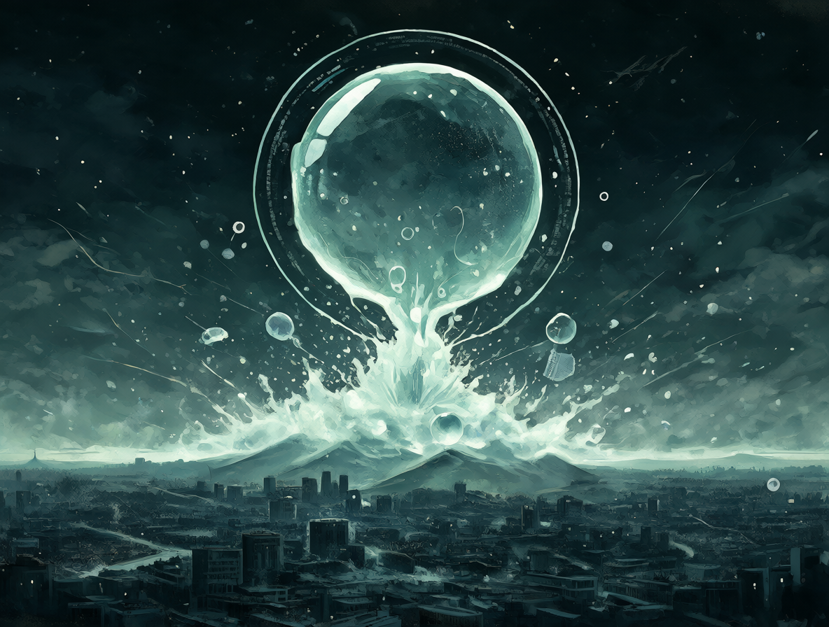 Una burbuja digital estallando sobre un skyline futurista