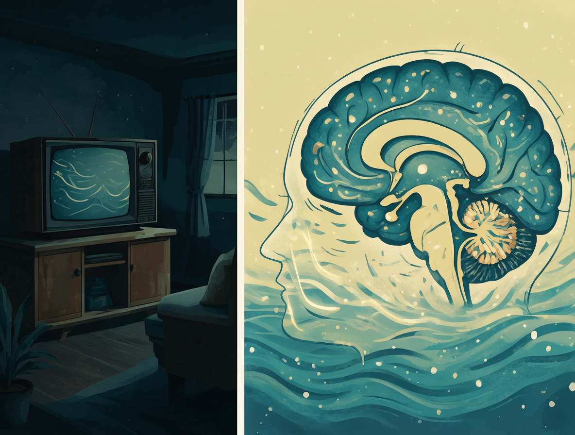 Ilustración educativa sobre un televisor antiguo y la percepción de ruidos en el silencio.