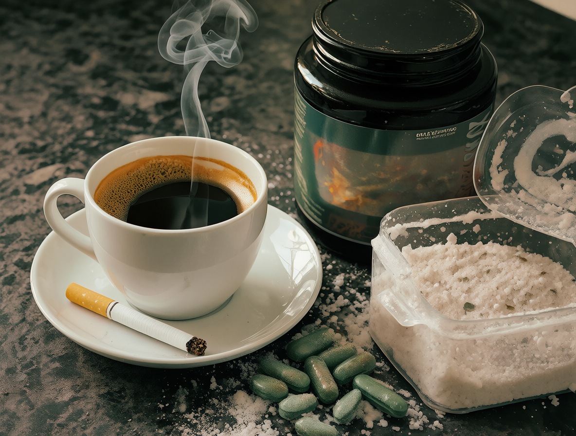 Una composición dividida que muestra hábitos tradicionales como café y cigarrillos a la izquierda, y suplementos nutricionales como proteína y creatina a la derecha.
