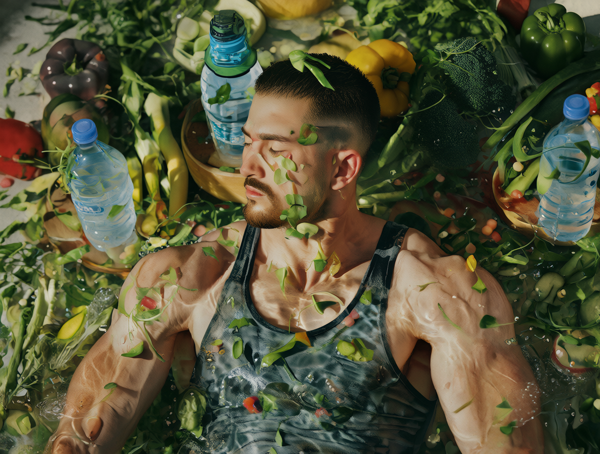 Un atleta en buena forma física realizando ejercicio de pesas rodeado de vegetales frescos y botellas de agua limpia.