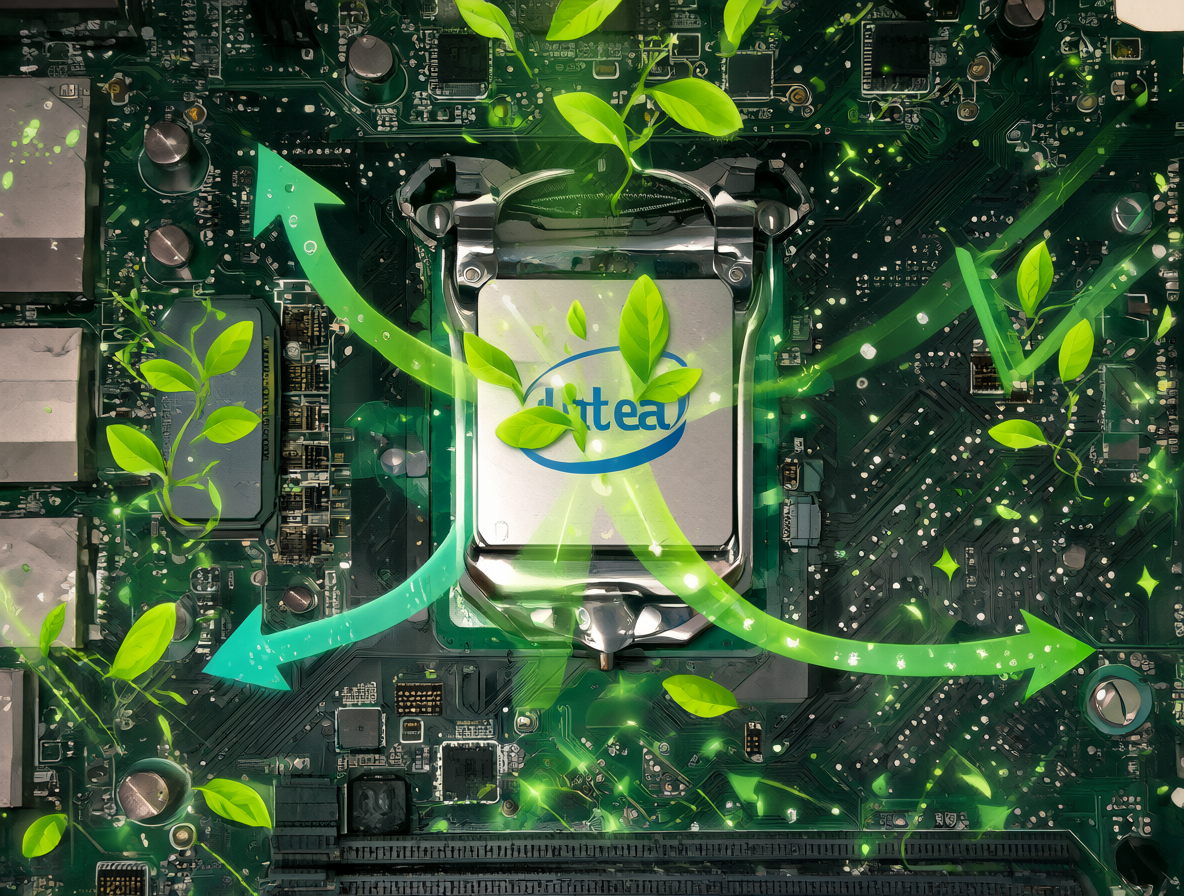 Vista detallada de una tarjeta madre Gigabyte Z690 UD y un procesador Intel i5-12600K con indicadores visuales de ahorro energético, flechas verdes hacia abajo sobre el consumo y hojas brillantes alrededor del hardware.