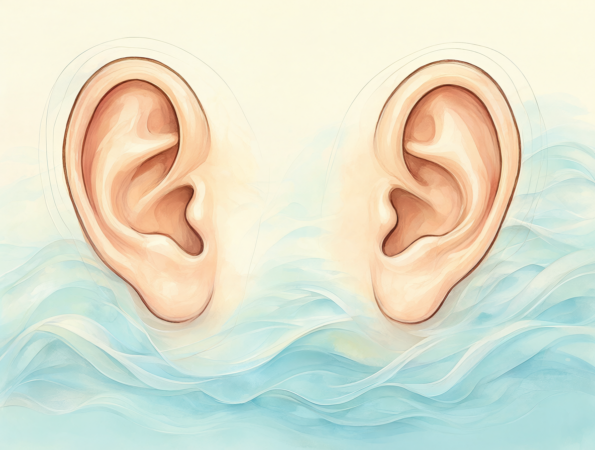 An illustration showing sound waves interacting with human ears for therapeutic purposes.