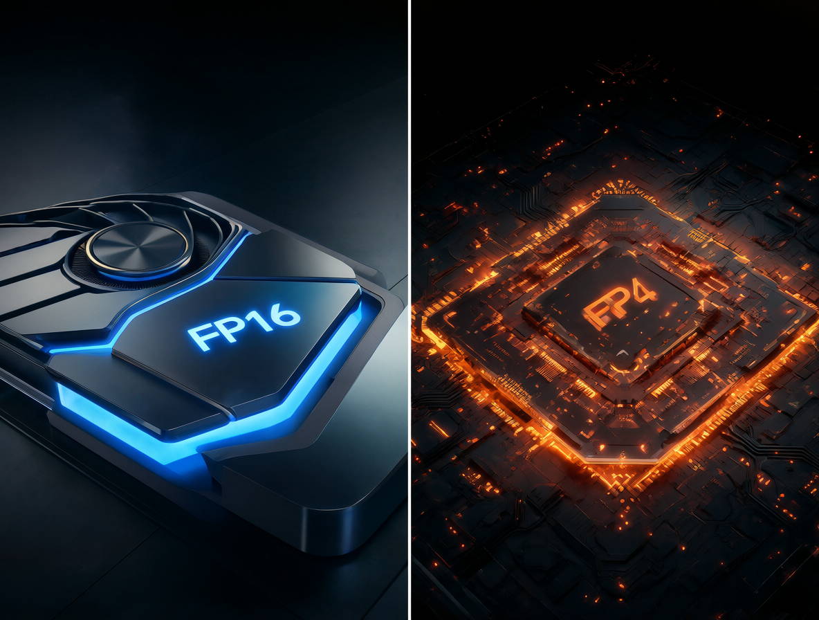 Una vista dividida de dos GPUs: una RTX 3090 con soporte FP16 a la izquierda y un chip futurista con FP4 activo a la derecha.